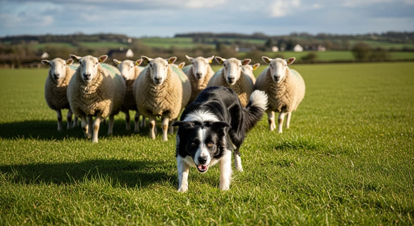 Border Collie herding sheep in a field