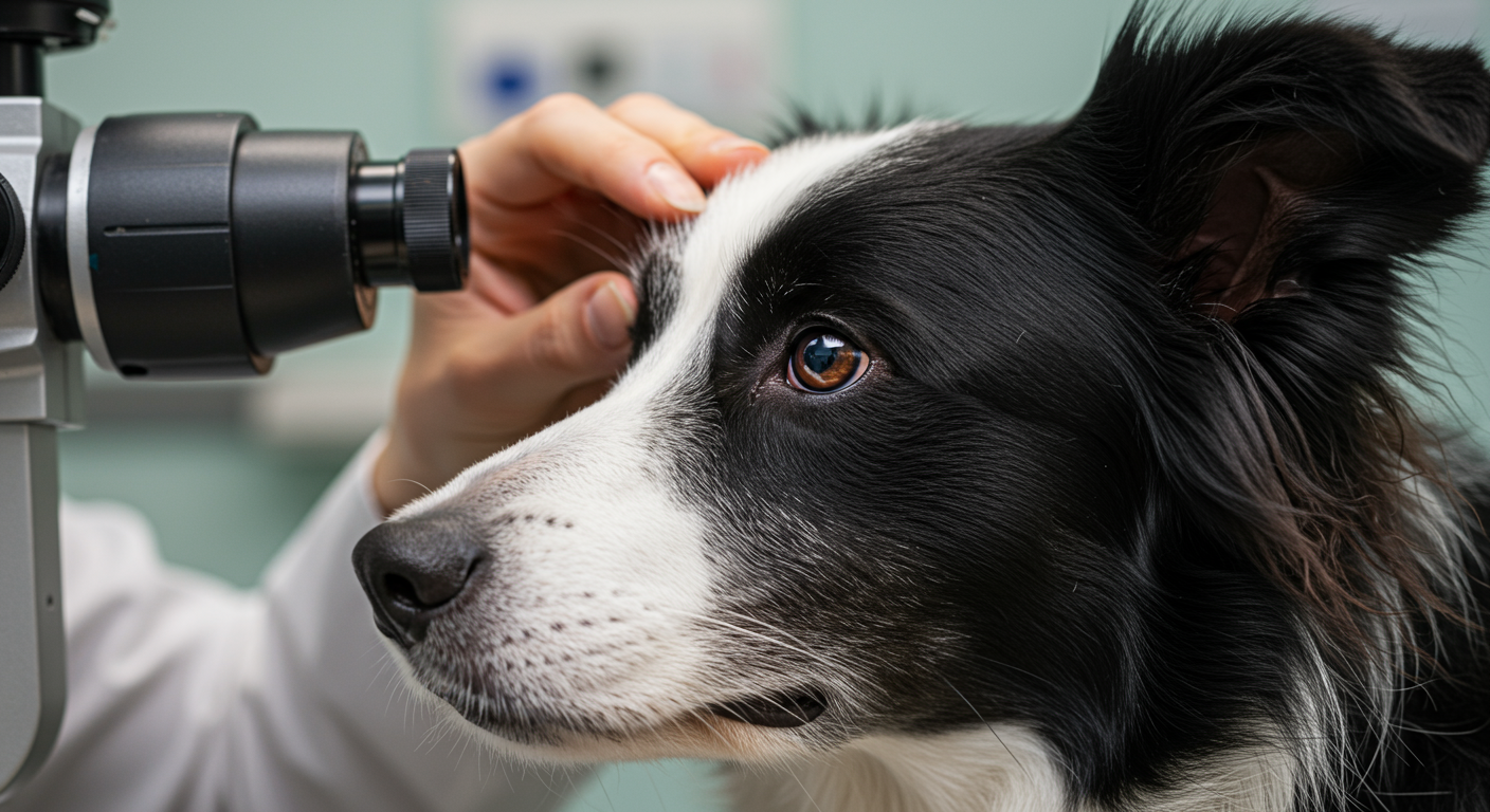 Border collie carrier dog being examined by veterinary ophthalmologist with slit lamp during certification