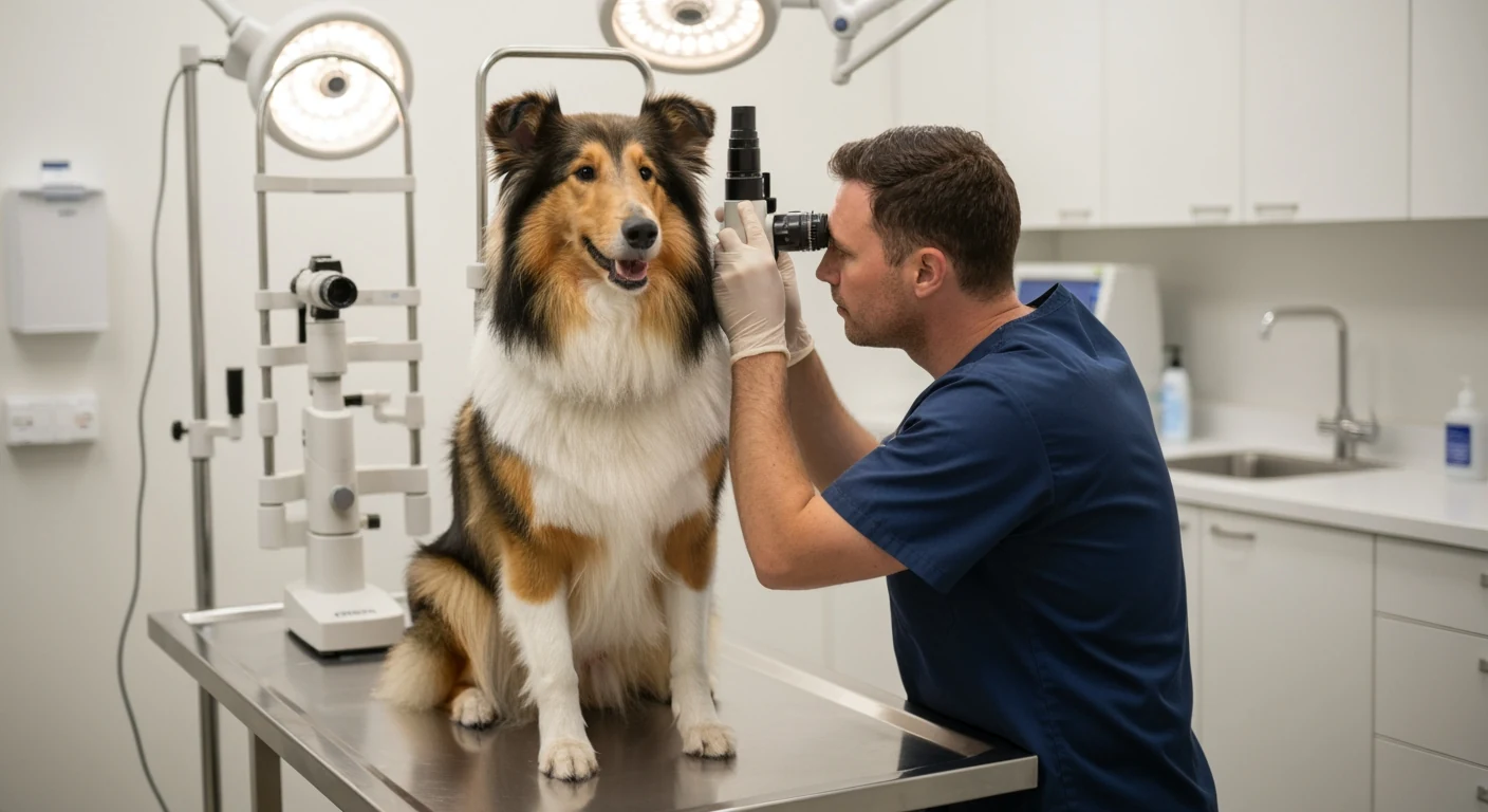 Veterinary ophthalmologist examining the eyes of an adult rough collie with an indirect ophthalmoscope in a clinical exam room