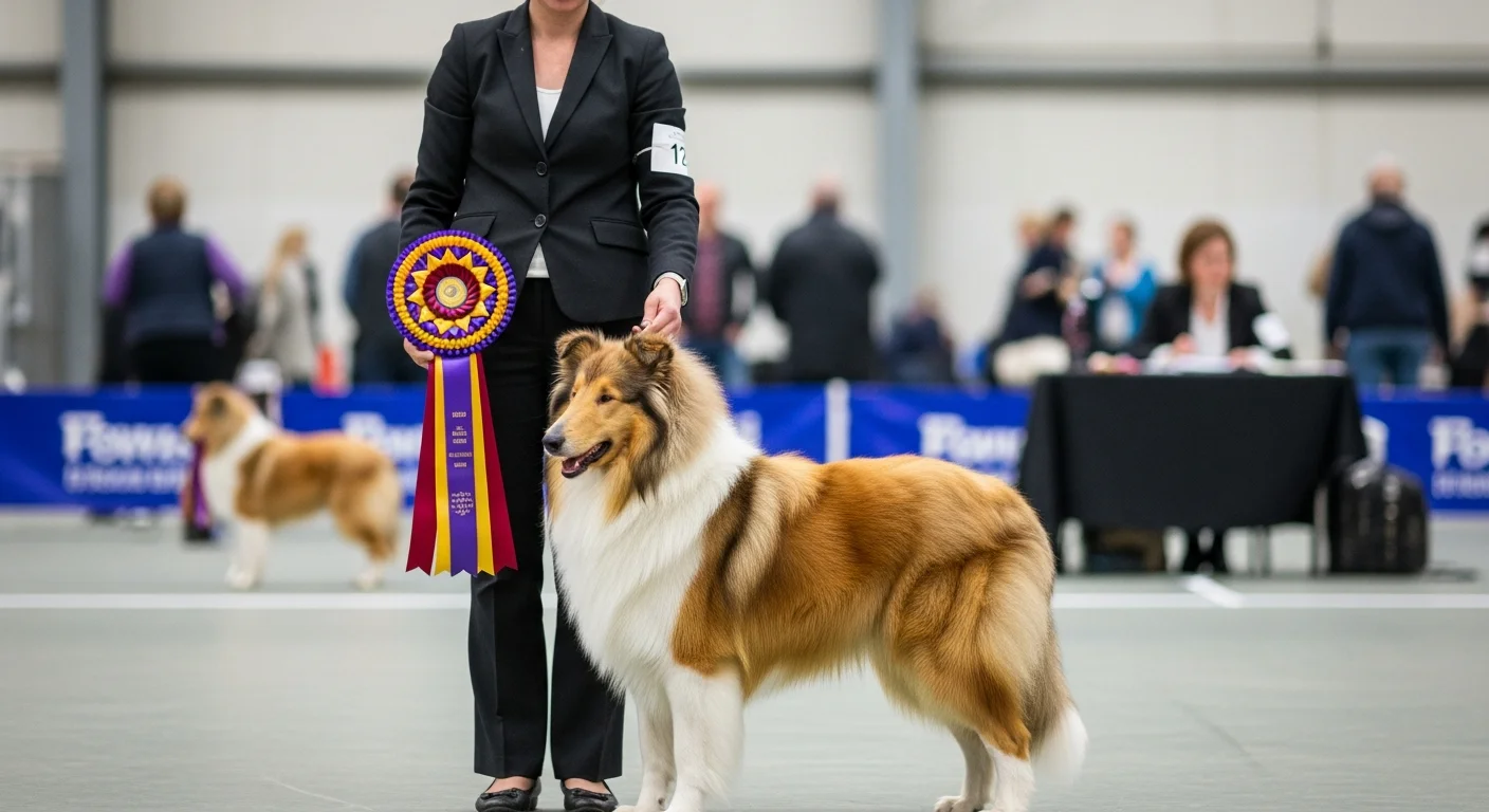 Rough Collie at dog show with rosette ribbon