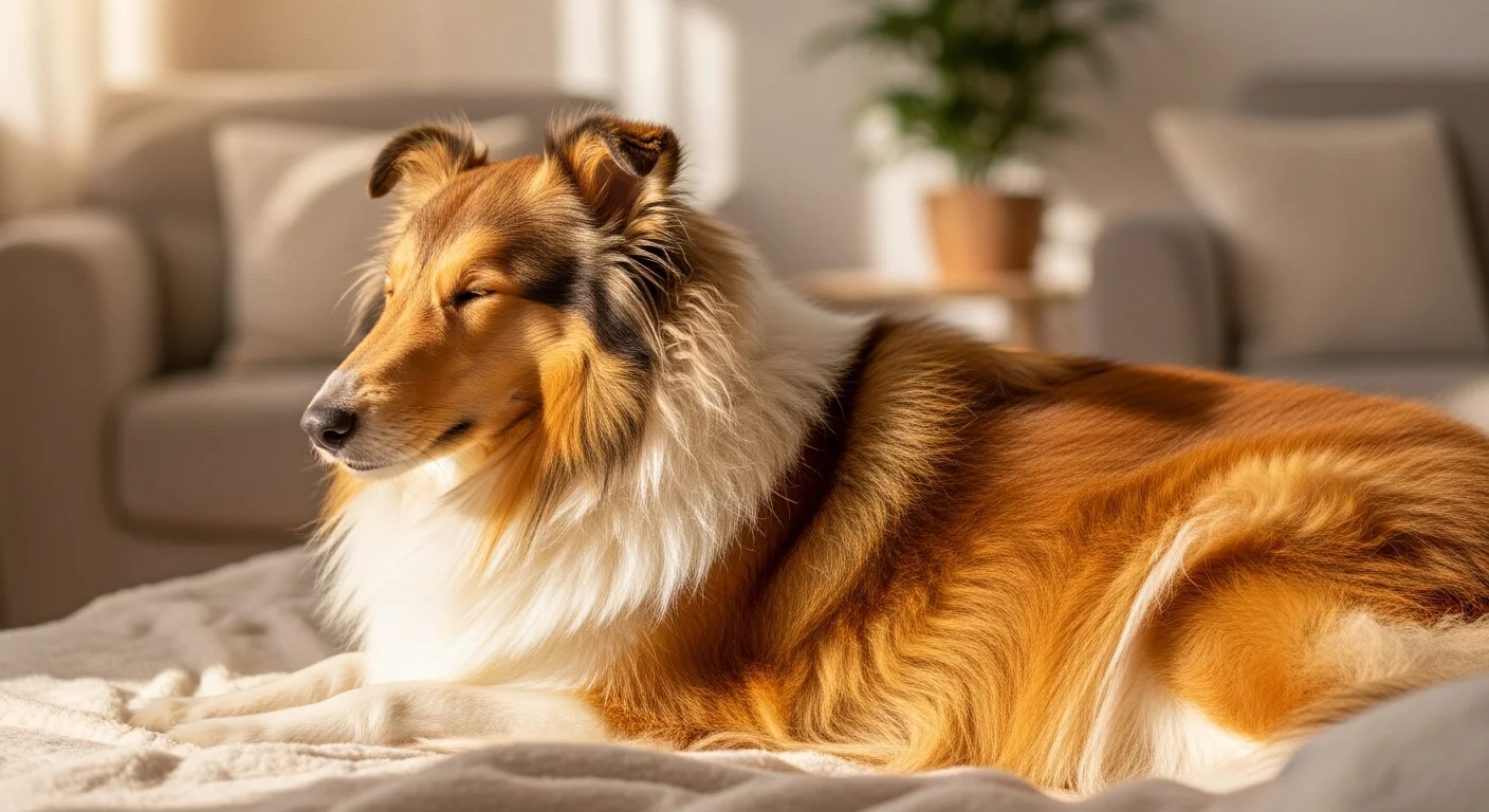 Pregnant Rough Collie resting at home