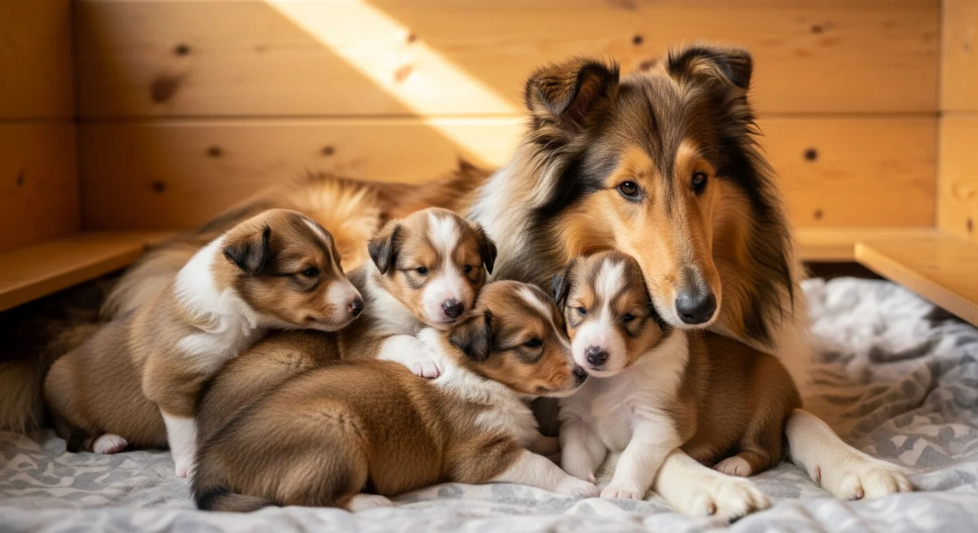 Rough Collie mother with nursing puppies