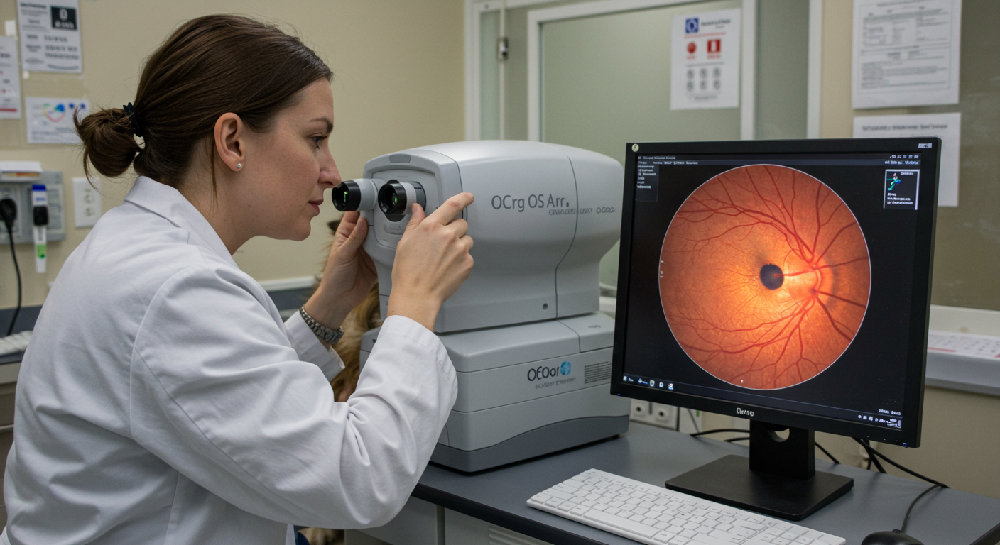 OCT scan of a sheltie dog eye performed by a veterinary ophthalmologist with retinal imagery visible on screen