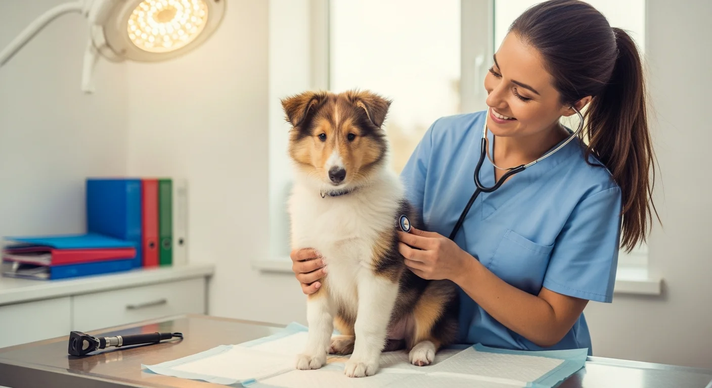 A consulting room desk in daylight, a printed veterinary eye certificate and a handwritten list of supplements side by side, a pen resting on the...