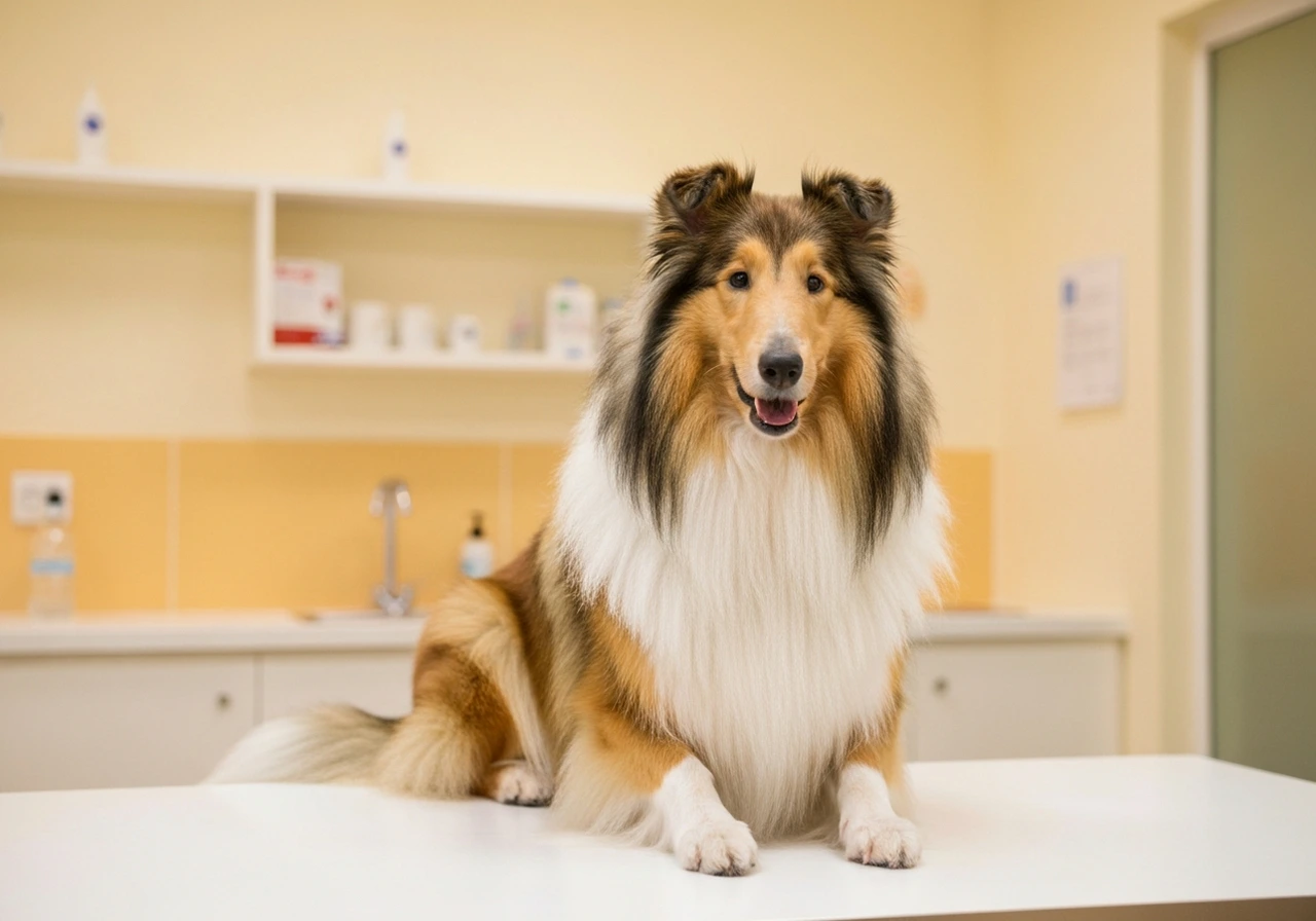 Collie being examined by a veterinarian