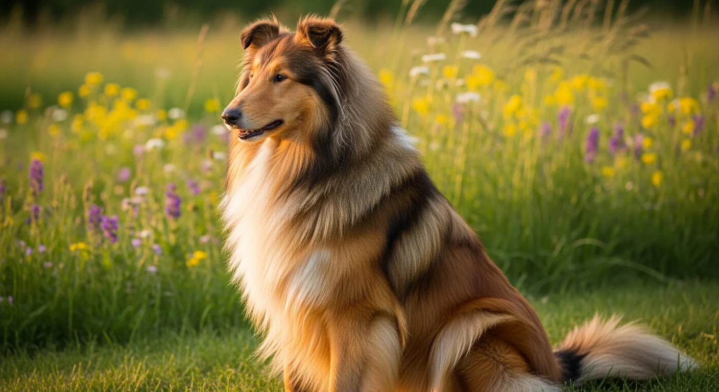 A double-coated German Spitz standing on a stone terrace in soft late-afternoon light, photographed from the side at eye level, with a folded...