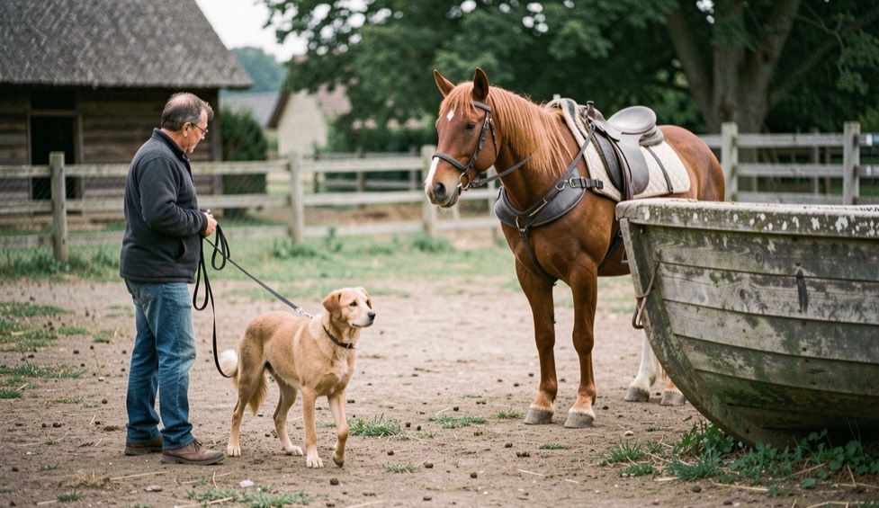A handler in a farmyard guiding a herding dog on a long line past a harnessed draft horse standing quietly beside a stone boat