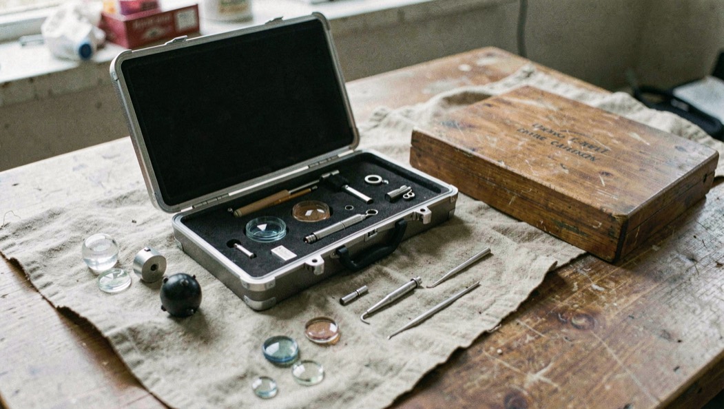A veterinary ophthalmology instrument case open on a table with lenses and small steel instruments on a dry cloth, a wooden box lid resting beside it