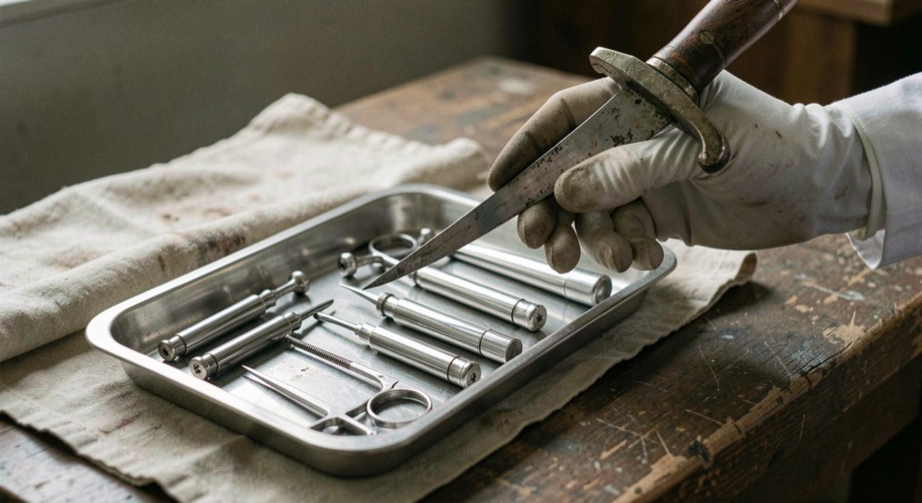 A tray of polished stainless steel examination instruments on a cloth beside a gloved hand holding an old sword blade up to the light for inspection